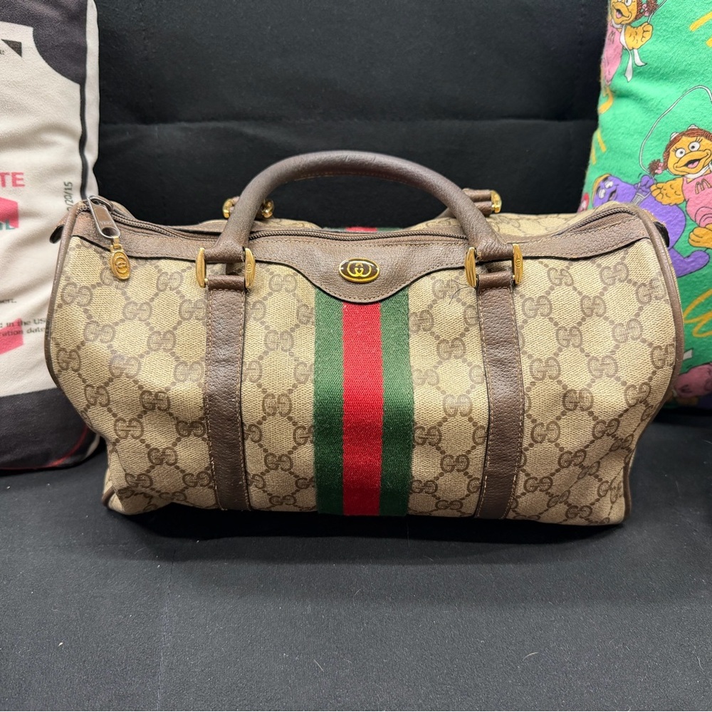 Gucci Brown GG Supreme Canvas Boston Bag with Green and Red Web Stripe